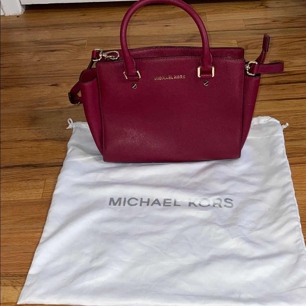Michael Kors Deep Red (Burgundy) Saffiano Leather Satchel with Gold Hardware